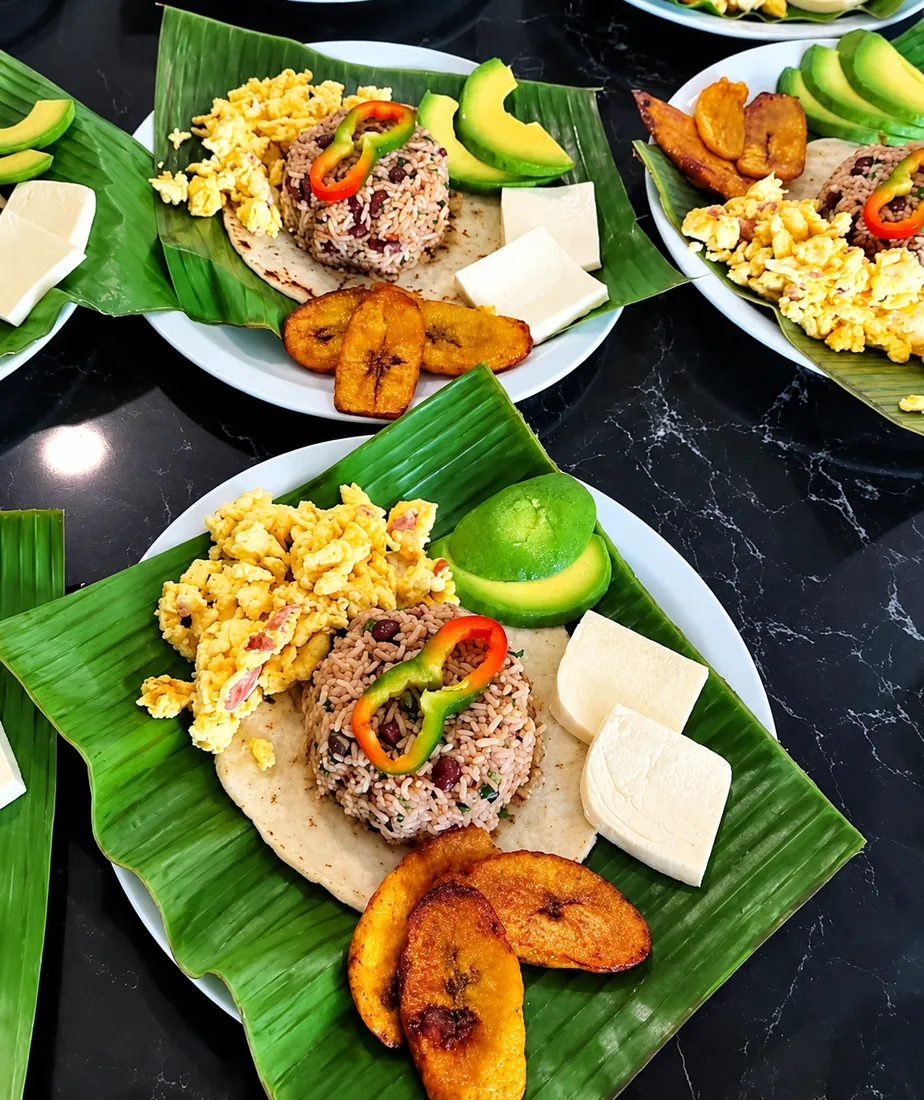 Costa Rican breakfast on banana leaf